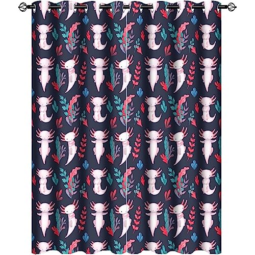 Watercolor Cartoon Baby Axolotl Curtains - Cute Ocean Undersea Animal Axolotl Aquatic Coral Window Treatment,Energy Saving Thermal Insulated Grommet Top Blackout Curtains 54L x 21W,2 Panels