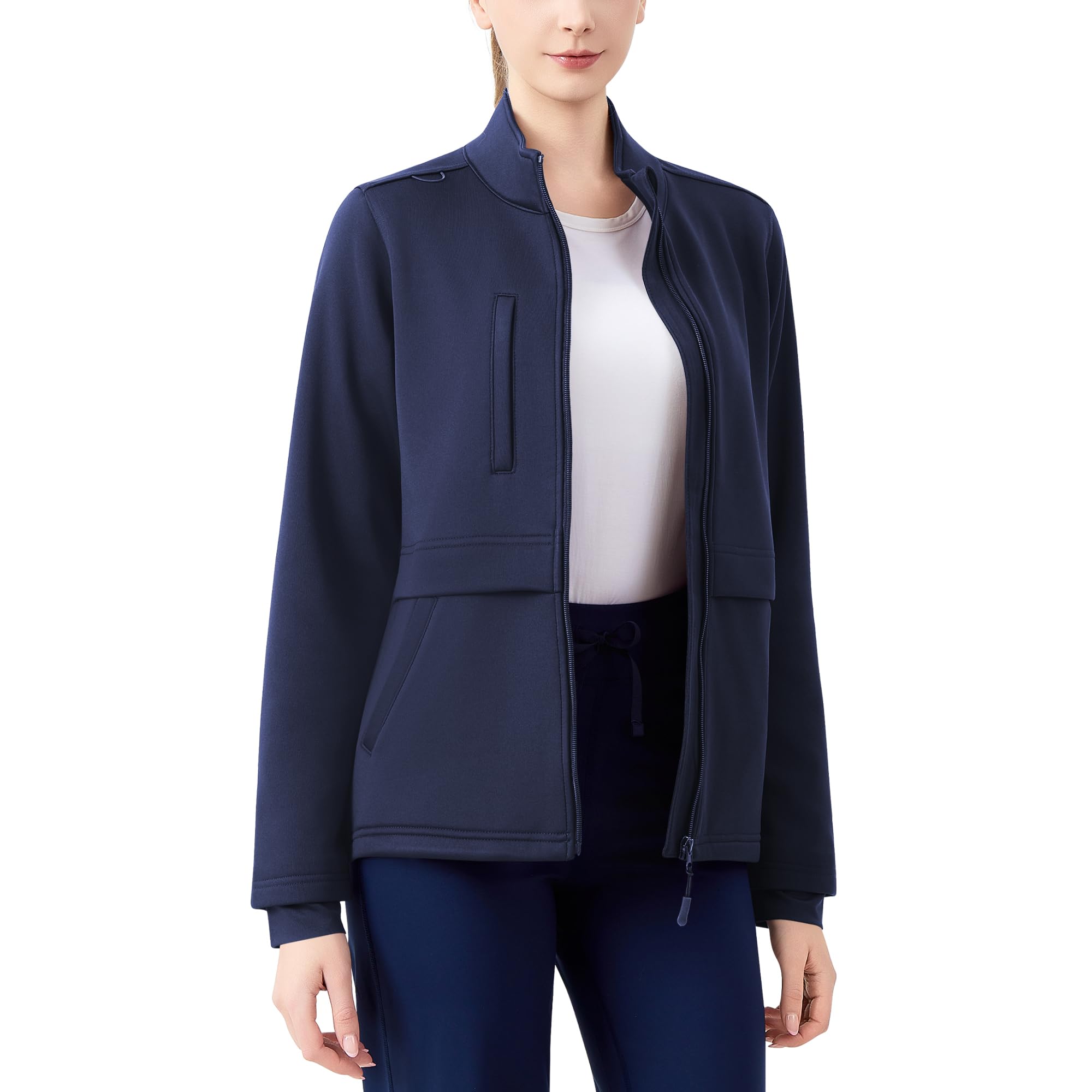 QBK Women's Heavyweight Bonded Fleece Scrub Jacket, Warm Modern Fit Zip-up Front Uniform Coat with 5 Pockets Navy Large