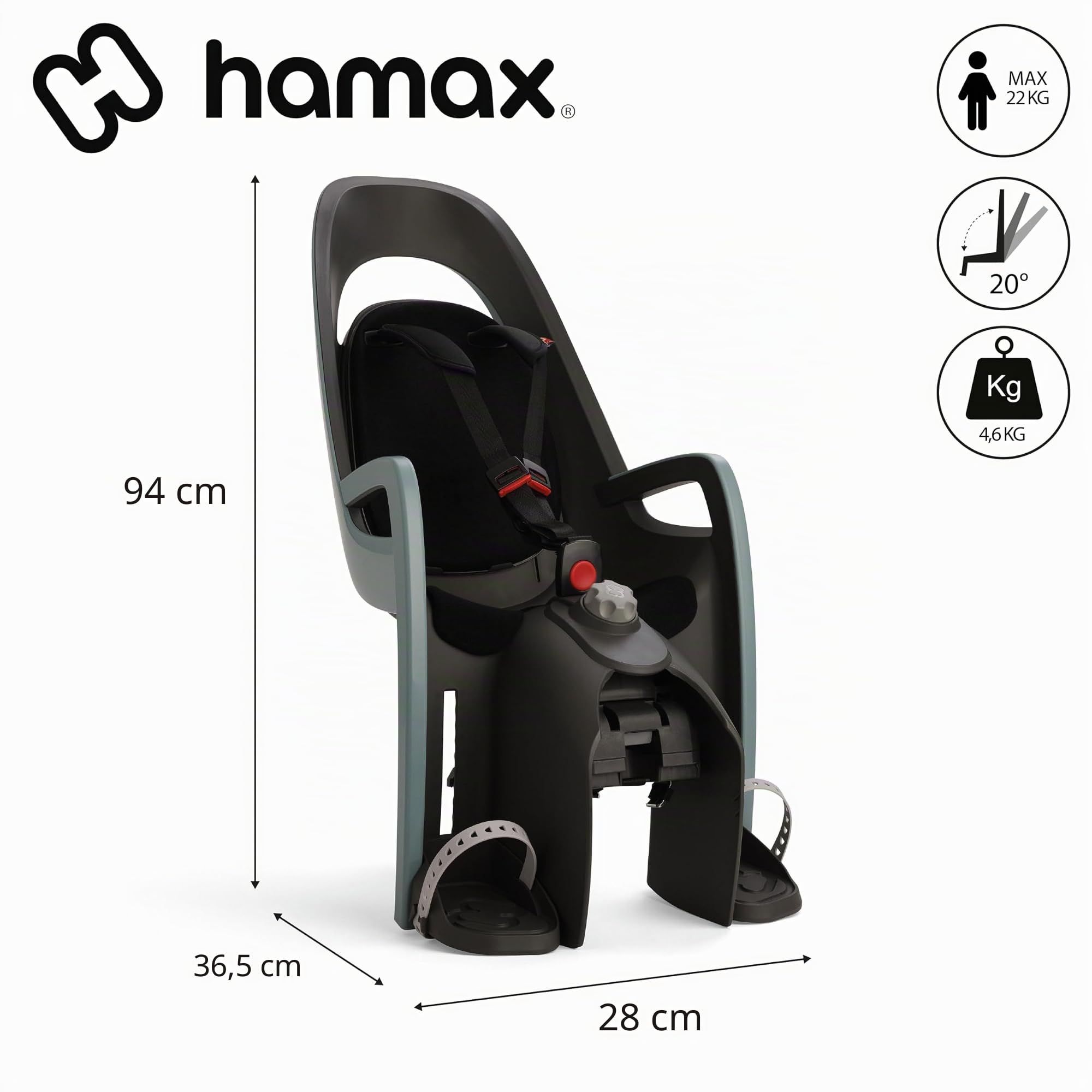 Hamax - Porte-bébé Caress Vert/Noir - Fixation Porte-Bagage - Dossier et Repose-Pieds Ajustables - Inclinable 20° - Harnais Sécurité 3 Points - Réflecteur Arrière - Compatible Vélos Électriques