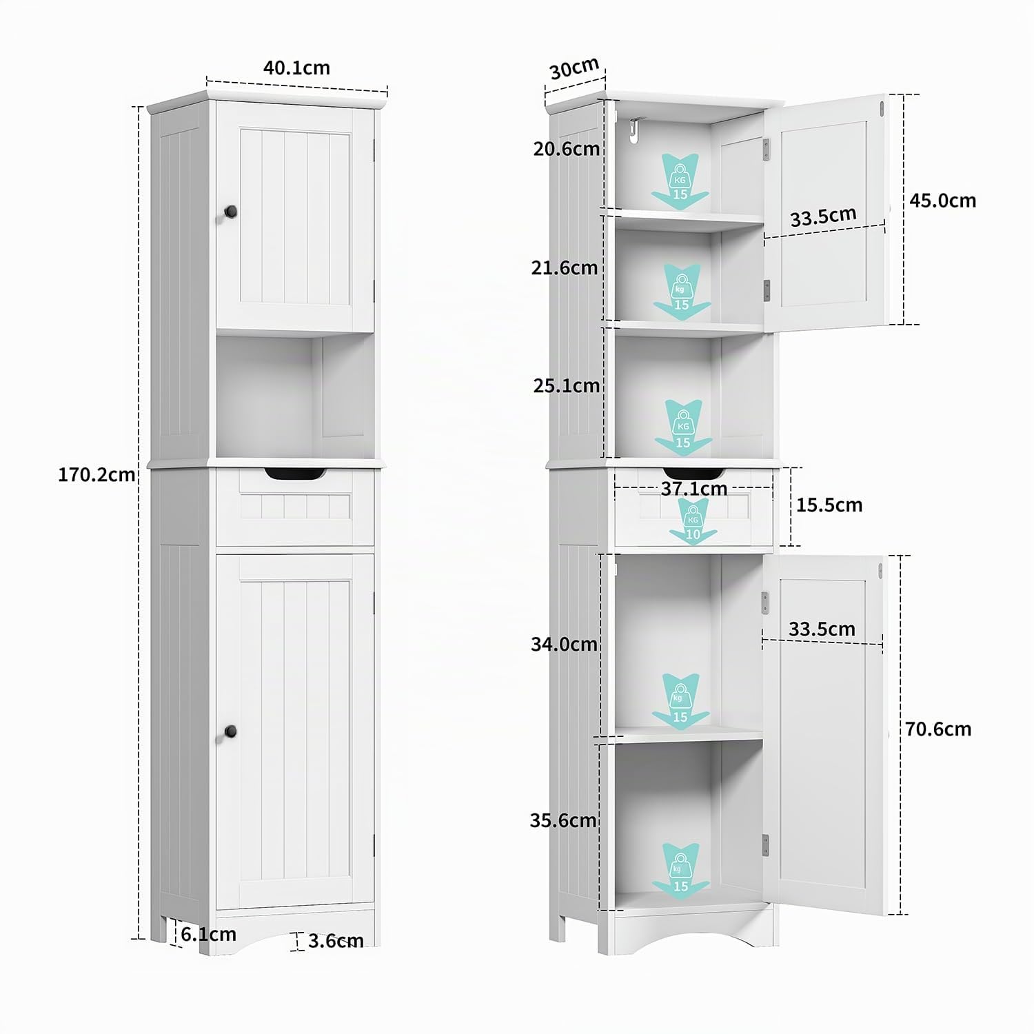 Bealife Mueble Columna de Baño Estrecho，Alto Muebles auxiliares de baño con Estantes Ajustables, 1 Cajón, Puertas y Compartimento Abierto, 170X40X30CM