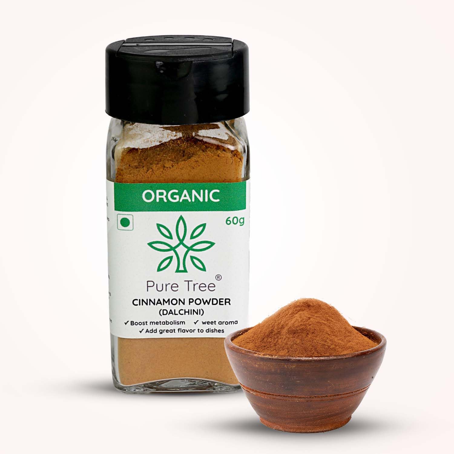 Pure Tree Certified Organic Dalchini Powder | 60 Gm | Glass Jar | Organic Cinnamon Powder | Dal Chini Powder Indian Spices Aroma & Flavour | Gluten Free Cineman Dalchini
