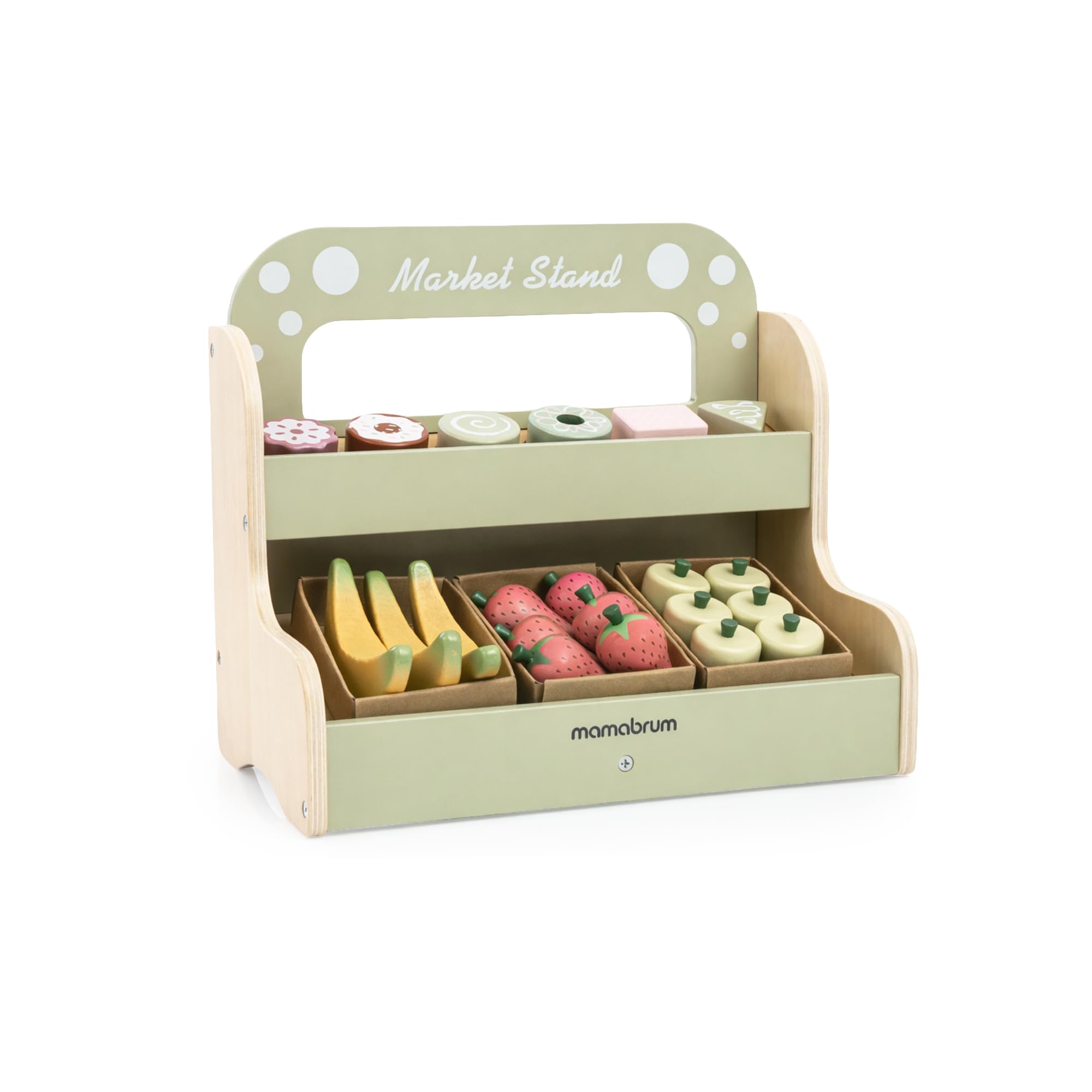 Mamabrum Holz Kinderladen Marktstand Zweistöckig Tragbar 24-Teiliges Set Obst und Dessert Rollenspiel Spielzeug für Kinder ab 24 Monaten, 17,9 x 32,0 x 27,4 cm