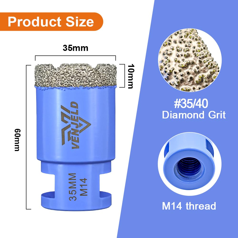 Diamond Tile Drill Bit 35mm Hole Saw with M14 Thread Dry Drilling for Ceramic Porcelain Tile Granite Marble Stone VENJELD - Image 2