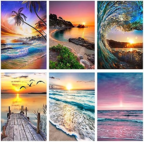 6 Pack Diamond Painting Kits, 5D Diamond Art Kits for Adults Full Drill Diamond Paintings Kit Crafts for Adults Kids Beginners, DIY Beach Diamond Painting Packs Gem Art Home Wall Decor 11.8x15.7inch