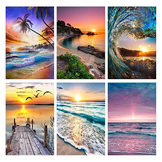 6 Pack Diamond Painting Kits, 5D Diamond Art Kits for Adults Full Drill Diamond Paintings Kit Crafts for Adults Kids Beginners, DIY Beach Diamond Painting Packs Gem Art Home Wall Decor 11.8x15.7inch