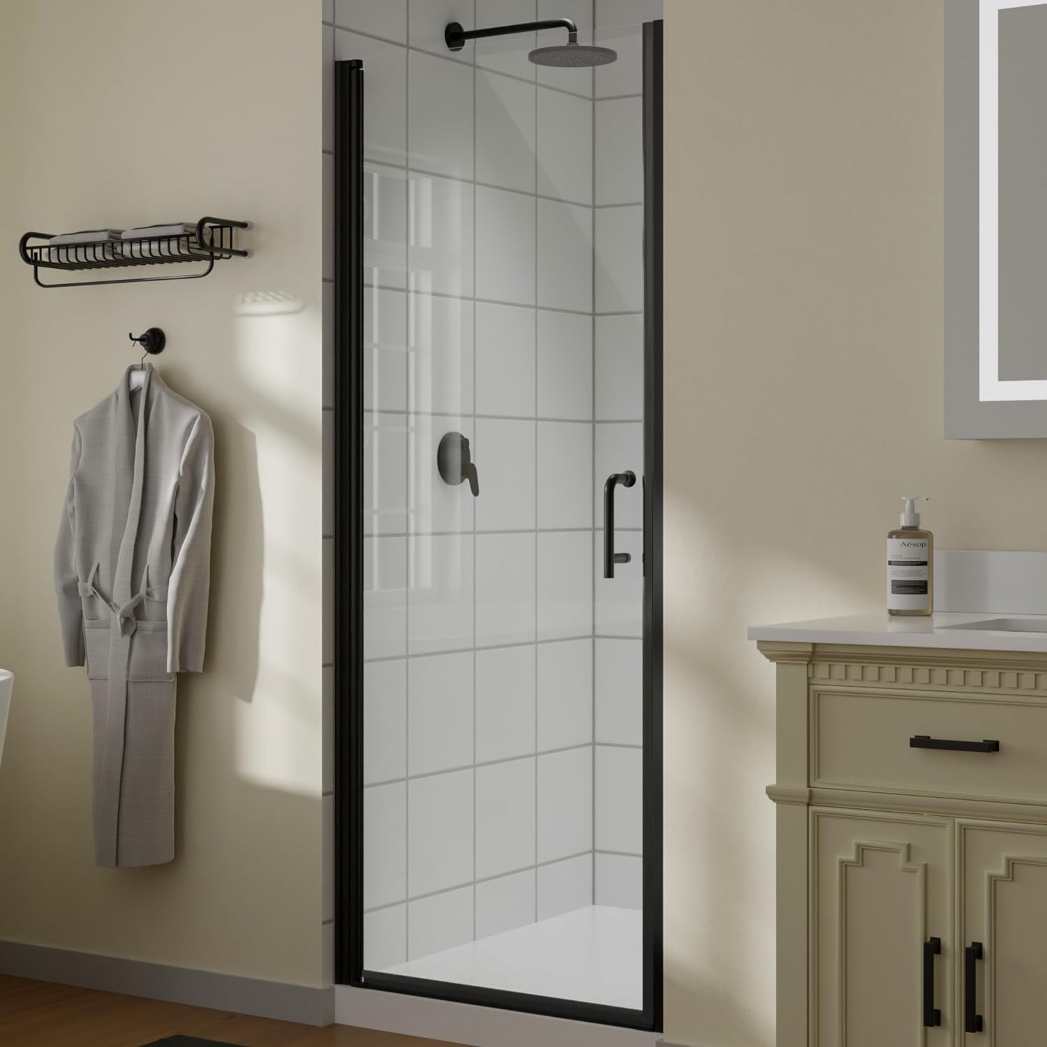 Sunny Shower 30x72 Semi-Frameless Pivot Shower Door - 1/4" Clear Glass, Chrome Finish