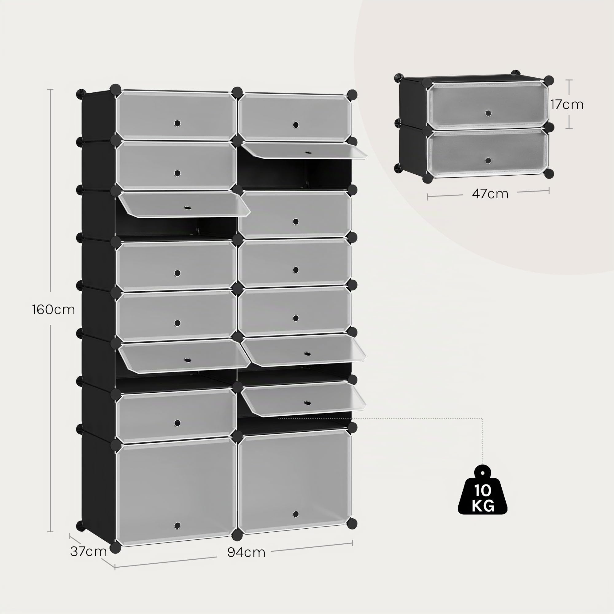 WOLTU Scarpiera, 2x8 Livelli per 32 Paia di Scarpe, Armadietto ad Incastro con Ante, Scaffale Portascarpe per Giochi, Pannelli in PP, con Mazzetta in Plastica, Nero+Bianco