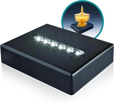 6 LED Light Pedestal - Rectangular Satin Matte Black Lacquer White Light Stand Base for 3D Art Glass, Room Decor and Gemstones and Crystals - AC/USB Adapter Powered Black
