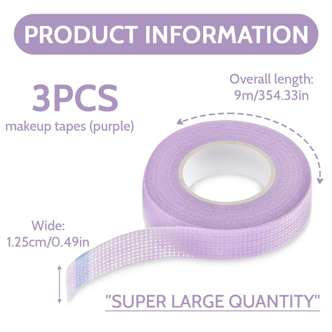 3 Piezas Cinta cosmética, Cinta de Tela Transpirable, Cinta Cosmética de Sombras Precisa, Accesorio de Maquillaje para Maquillaje de Ojos, Cejas y Extensiones de Pestañas 1,25cm x 9m(Morado)