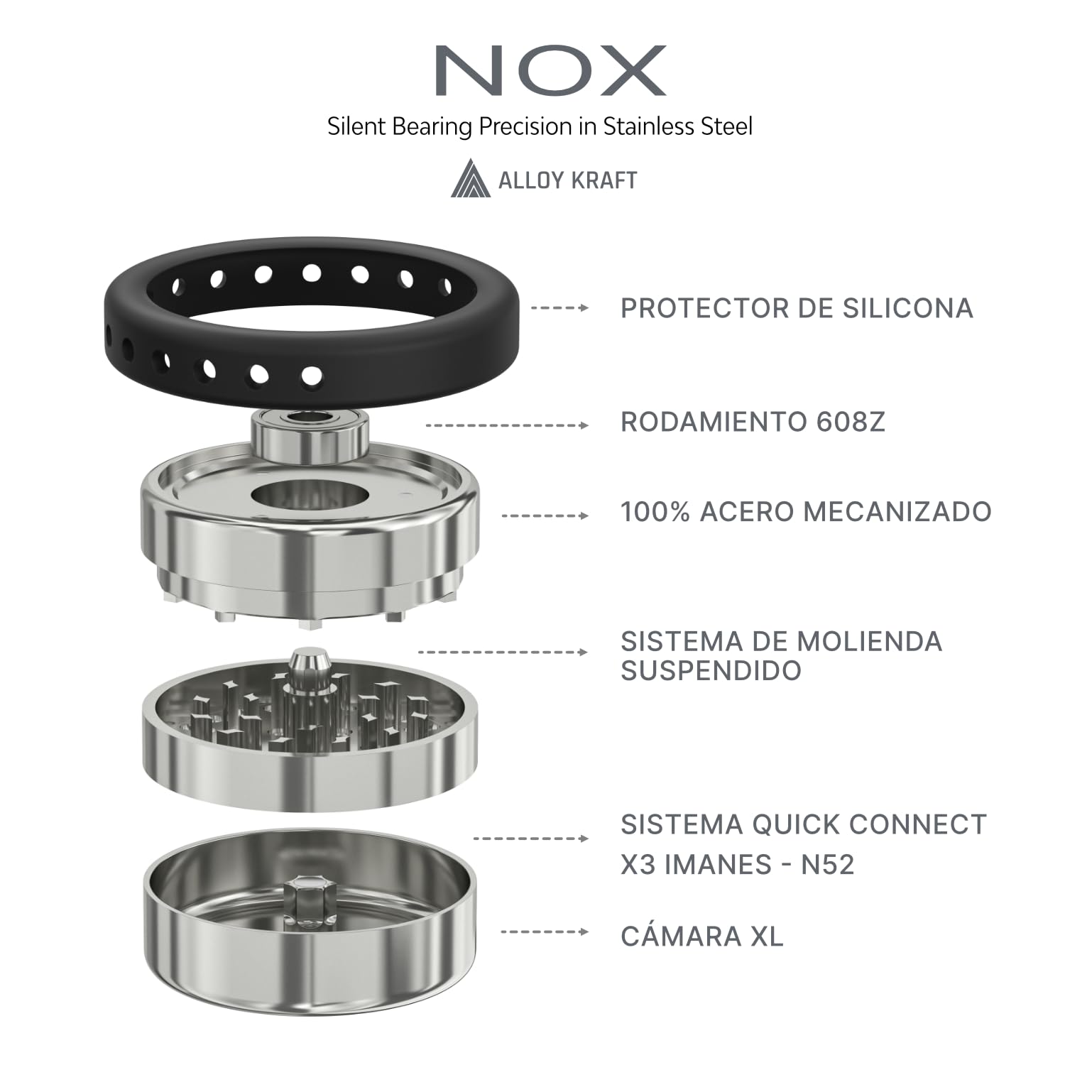 NOX Grinder aus Edelstahl, Präzisionslager 608Z, Quick Connect-System, 62 mm, 3 Teile, 490 g, Mühle für getrocknete Kräuter und Gewürze