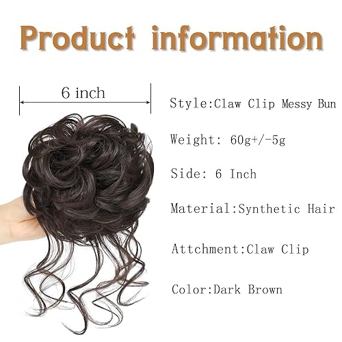 Miniatura 2 de Moño desordenado, pinza de garra, moños despeinados, extensiones de moño sintético rizado para mujer (marrón oscuro)