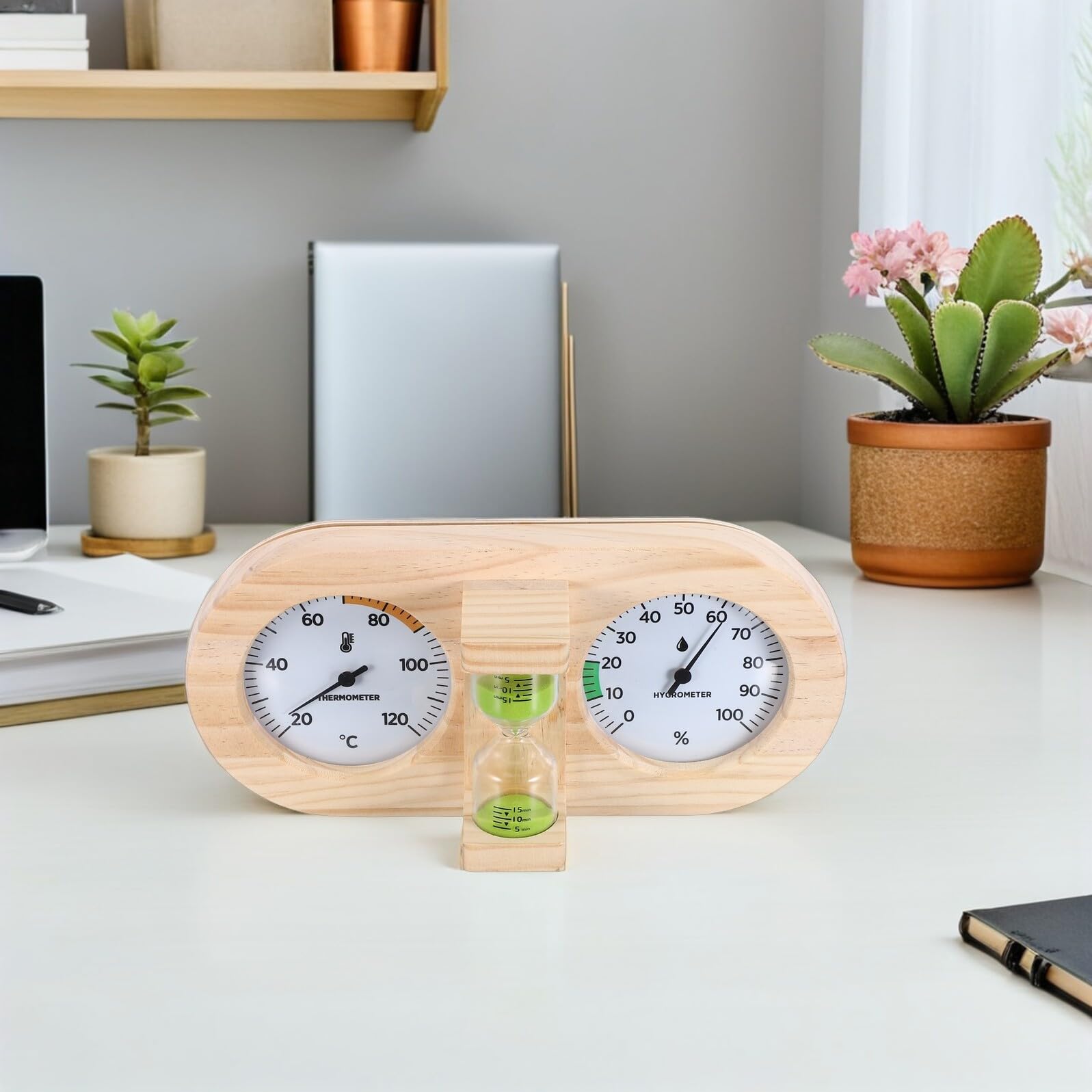 Gatuida Sauna Messgerät Holz Thermometer und Hygrometer für Zuhause und Sauna mit 15 Minuten Sanduhr Batteriefrei Langlebig und Präzise Grüner Sand