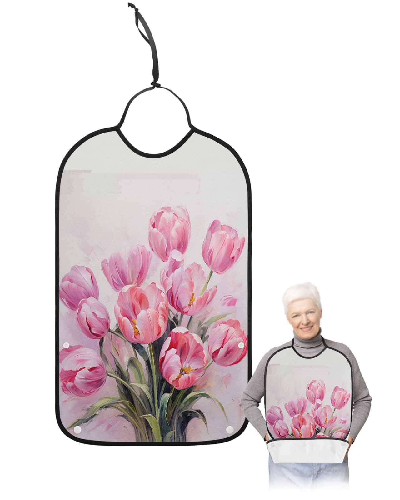 LEOKOTI Spring Floral Adult Bibs for Eating, Waterproof Bibs with Food Catcher & Adjustable Snap Closure, Watercolor Pink Flowers Tulip Botanical Washable Clothing Protectors Adult Bibs for Elderly