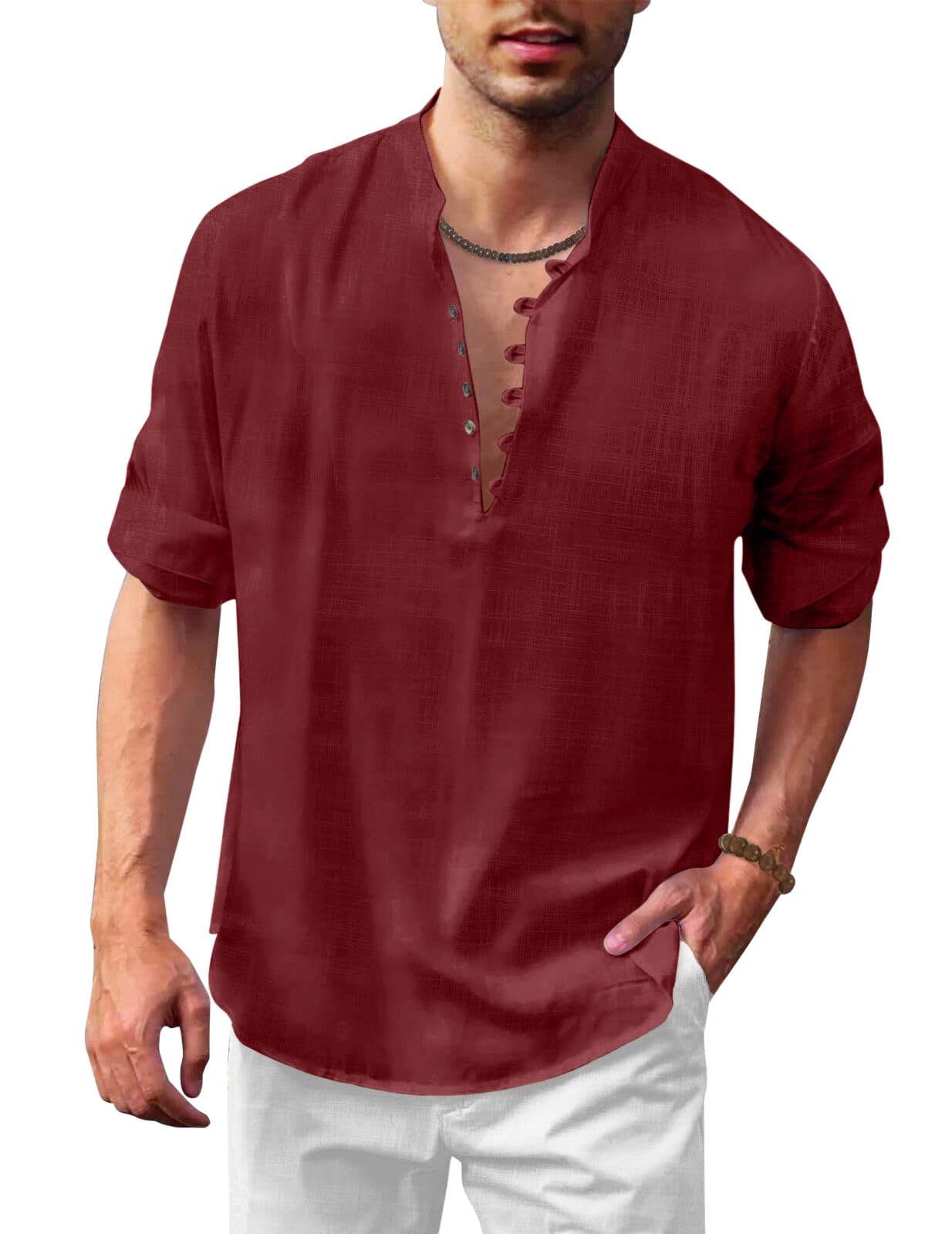 Royalscout Men's Solid Cotton Blend Straight Kurta Shirt | Regular Fit Full Sleeve Short Kurta Wine