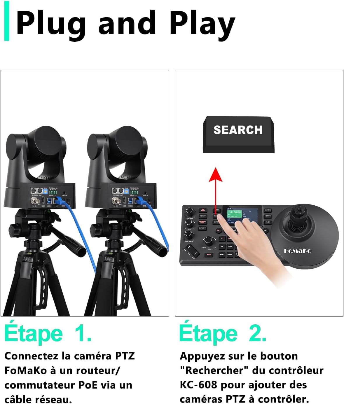 FoMaKo BN302 Ensemble de Caméra PTZ NDI HX3, 30x Zoom Optique, Suivi-Automatique IA 1080P 60ips avec 3G-SDI HDMI USB3.0 LAN(NDI|HX3, NDI6, PoE), 2*Caméra 30x Zoom NDI + 1* Contrôleur PTZ NDI