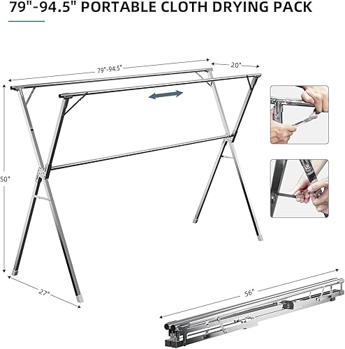 Miniatura 6 de Estante de secado de ropa, de acero inoxidable resistente, ajustable y plegable, para interiores y exteriores, con 20 ganchos resistentes al viento