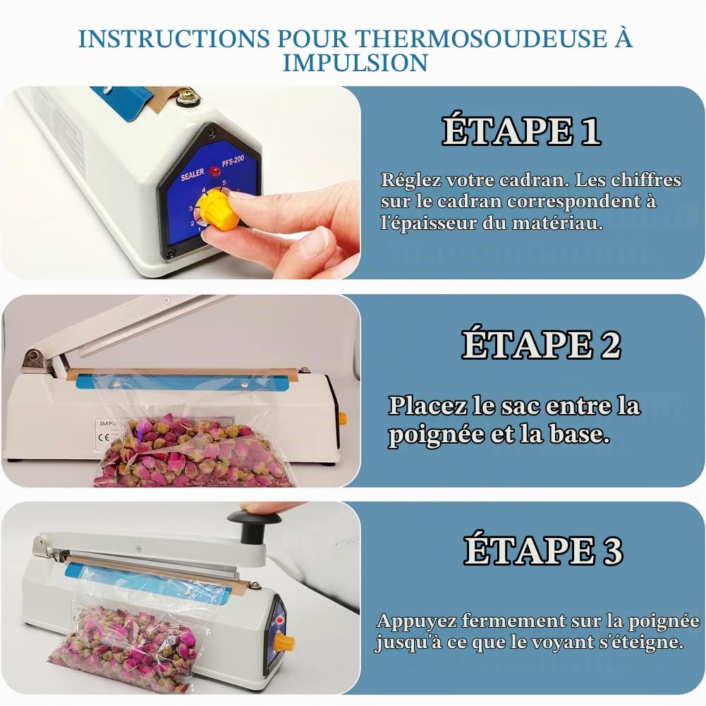 Thermoscelleuse Machine 200mm Scelleuse de Sacs en Plastique PP PE, Scelleuse à Impulsions, Largeur de joint de 5mm, 220V Impulse Bag Heat Sealer,8 Pièces Supplémentaires,Chiffon de remplacement de 5m