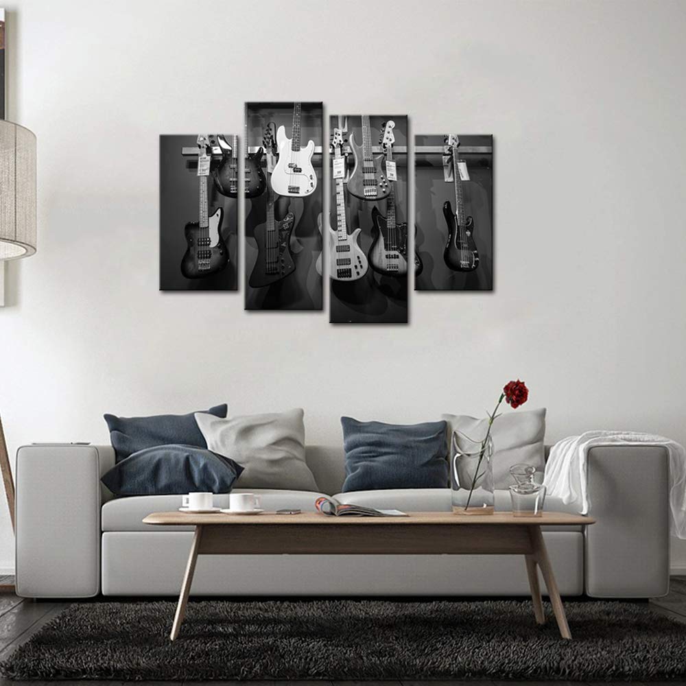 Artsbay Stampa su tela artistica da parete in bianco e nero per chitarra su tela moderna strumenti musicali poster per ufficio camera da letto ragazzo decorazione allungata pronta da appendere, grande