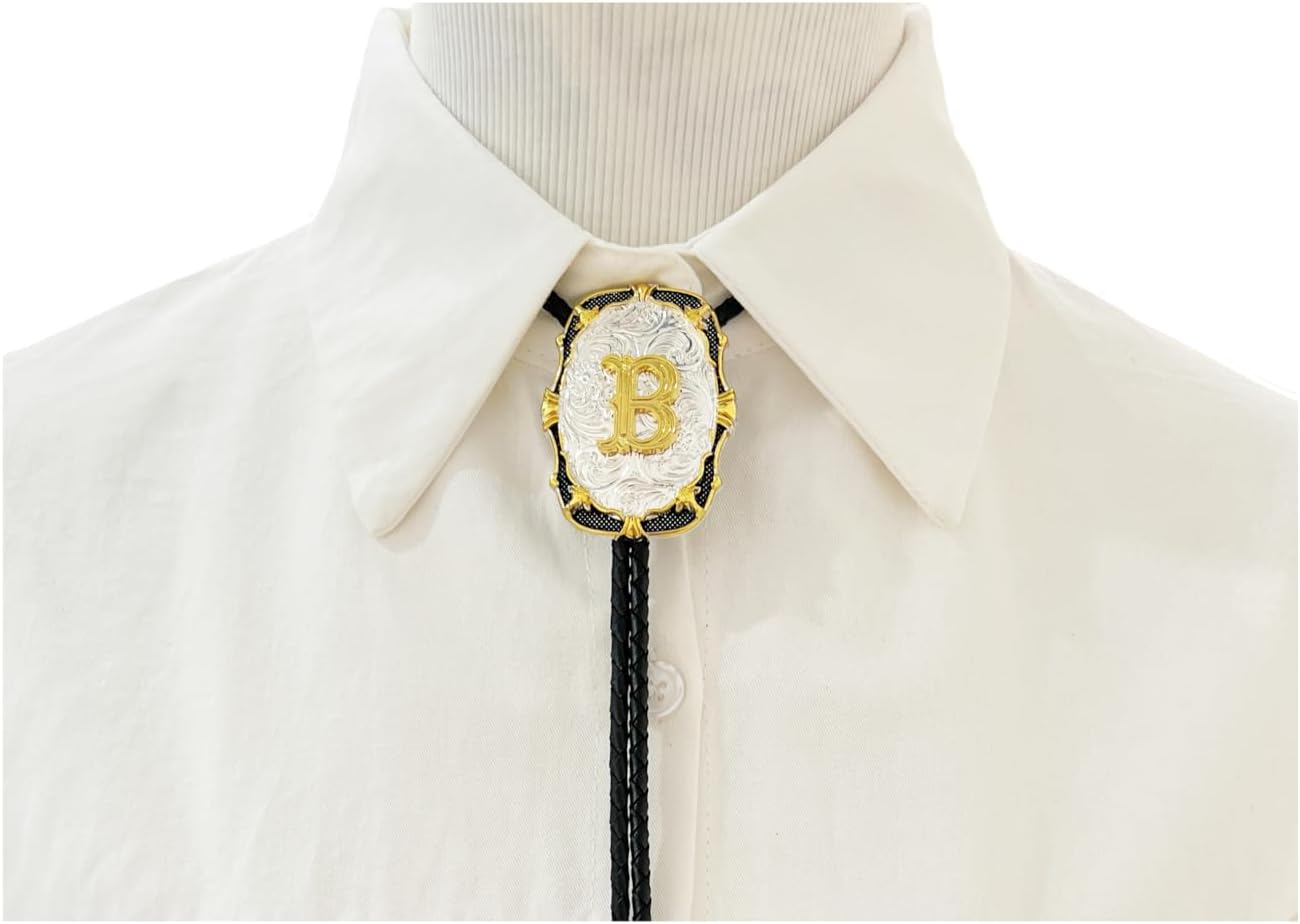 Bolo Tie Golden Initial Letter A to Z In Western Cowboy Medal Style with Cowhide Rope Necktie image 4