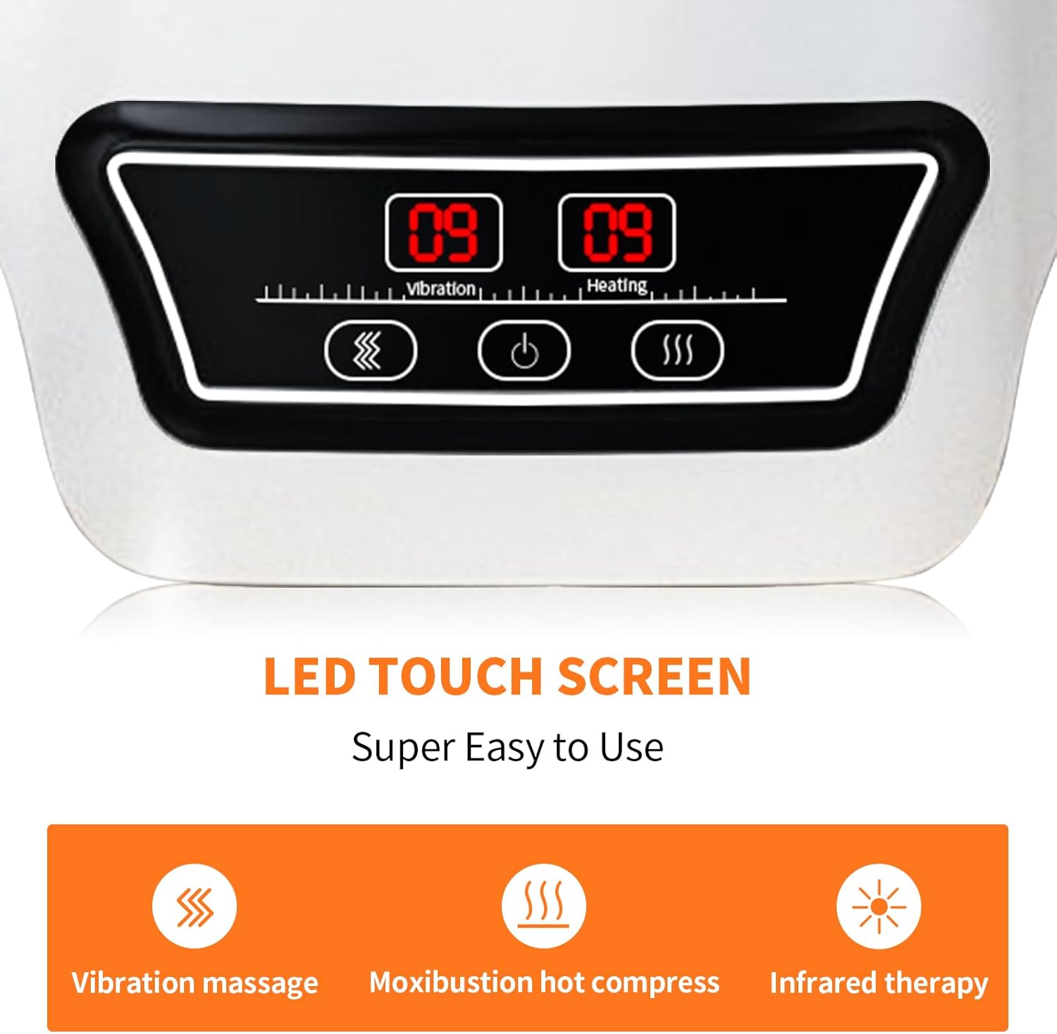 Close-up of the MSFOOT K001 Knee Massager's LED touch screen control panel, showing vibration and heating indicators.