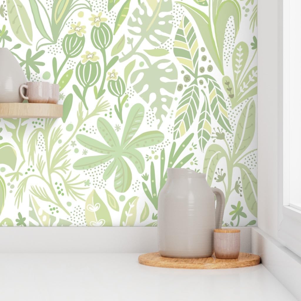 Spoonflower Peel & Stick Wallpaper 3ft x 2ft - Meadow Leaves Olive Green Botanical Neutral Custom Removable Wallpaper