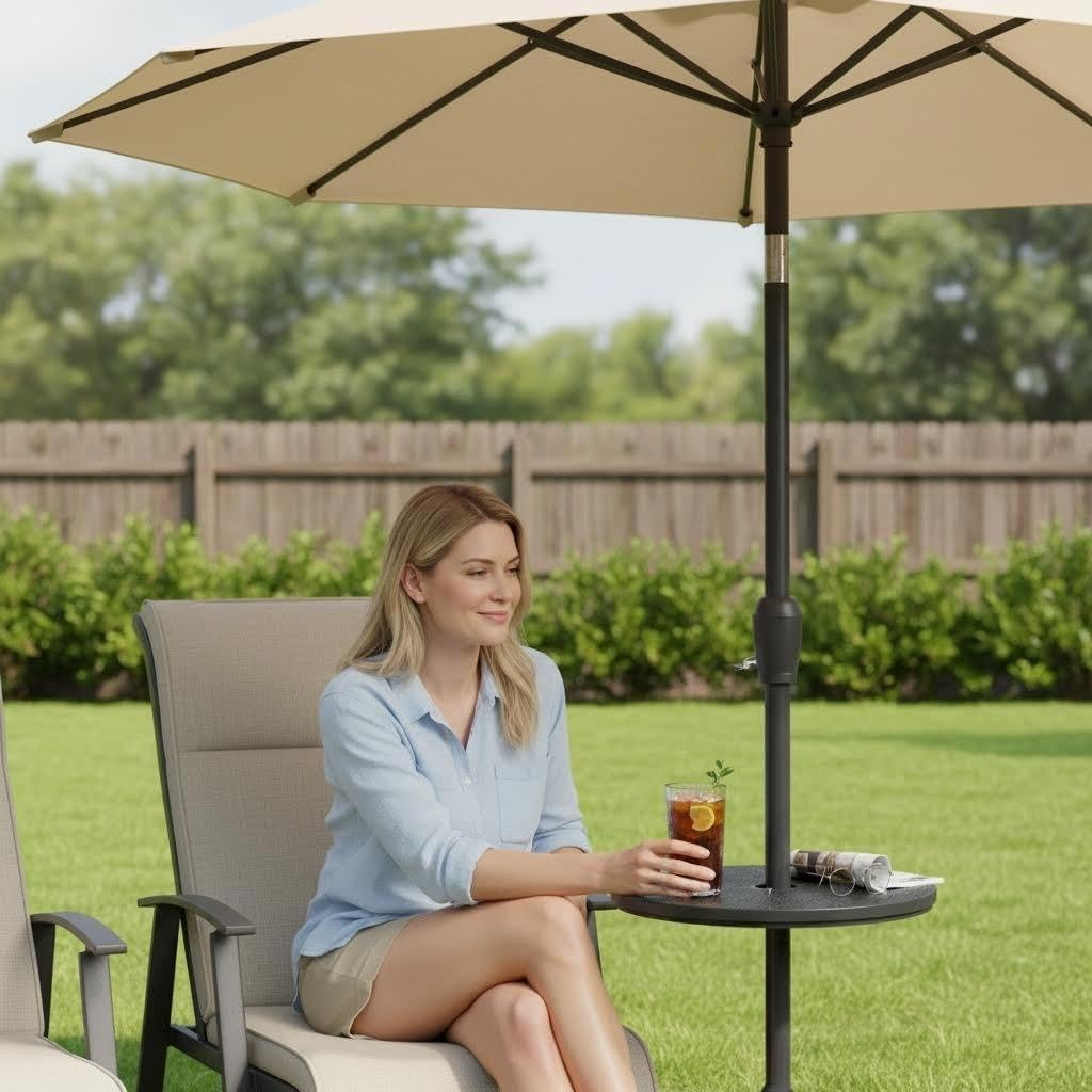 Umbrella Table, Umbrella Side Table, Patio Umbrella Table Tray with Hole, Beach Umbrella Base Table, Outdoor Table with Umbrella Hole for Garden, Balcony, Deck, Poolside, Black