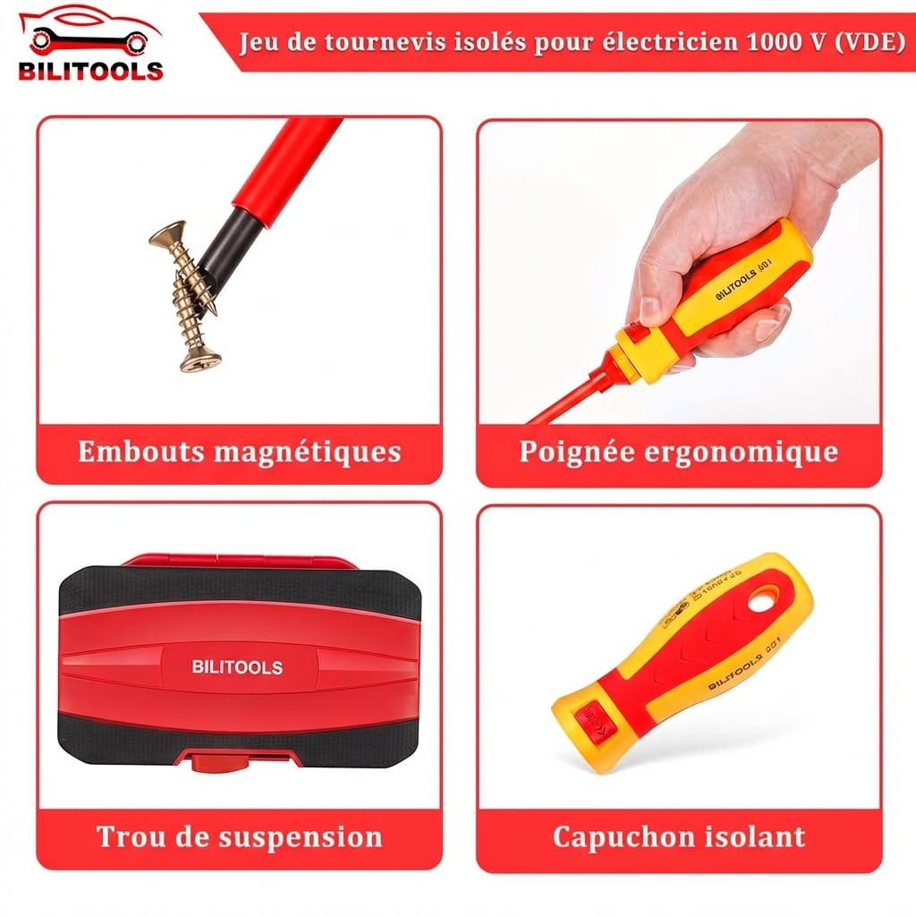 BILITOOLS Tournevis Electricien Set 13 pièces VDE isolé 1000V lot tournevis | Lot de tournevis isolé avec embouts magnétiques, tournevis cruciforme et Torx, jeu tournevis outillage electricien