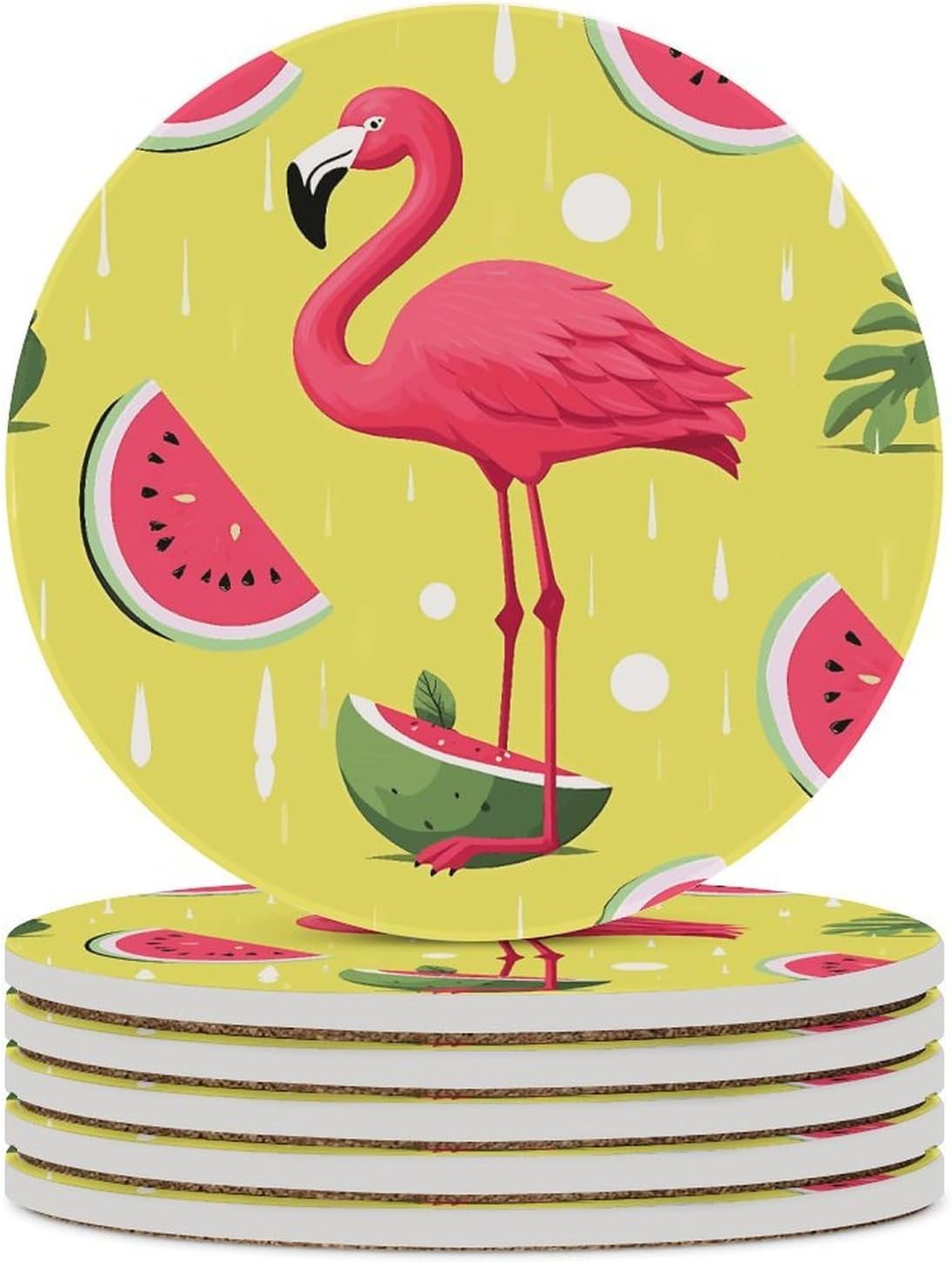 Pink Flamingo and Watermelon Coaster with Cork Base Drink Coasters for Coffee Table Decor Modern Cup Coasters with Non-Slip & Heat-Resistant Cute Ceramic Table Coaster for Home Dining
