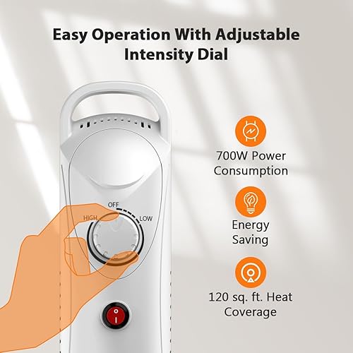 Miniatura 8 de Calentador de aceite, calentador de radiador Air Choice relleno de aceite de 700 W con termostato, calentador silencioso para interiores, calienta