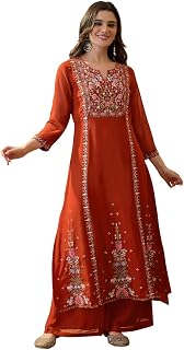 Amazon Brand - Tavasya Orange Roman Silk Zari Sequin Thread Hand Embroidered Kurta Set with Pant and Dupatta for Occasions... Price In India