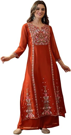 Amazon Brand - Tavasya Orange Roman Silk Zari Sequin Thread Hand Embroidered Kurta Set with Pant and Dupatta for Occasions...