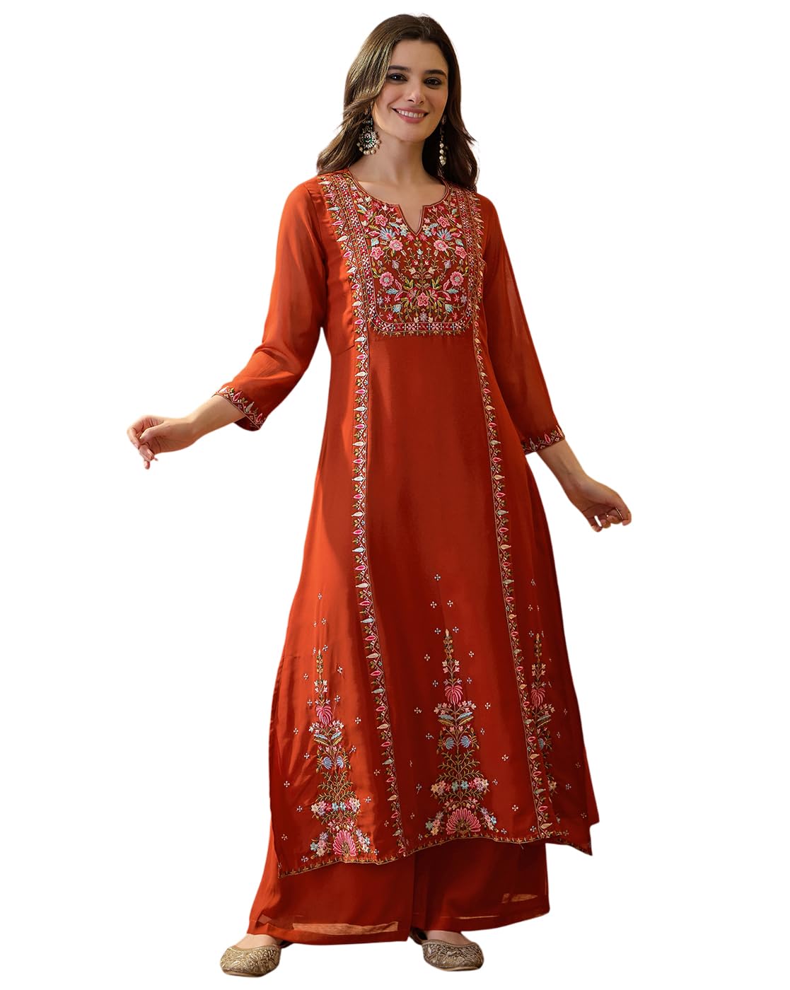 Amazon Brand - Tavasya Orange Roman Silk Zari Sequin Thread Hand Embroidered Kurta Set with Pant and Dupatta for Occasions... - Review, Price and Buying Guide