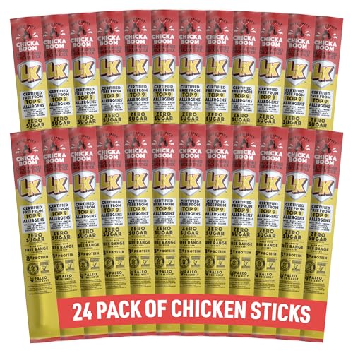 Lorissa's Kitchen Premium Chicken Meat Sticks, Chicka Boom Chicken Flavor, 8g of Protein Each, Made with Free Range Chicken, Free from Top 9 Allergens and Non-GMO, Zero Sugar, 1 Oz, 24 Count