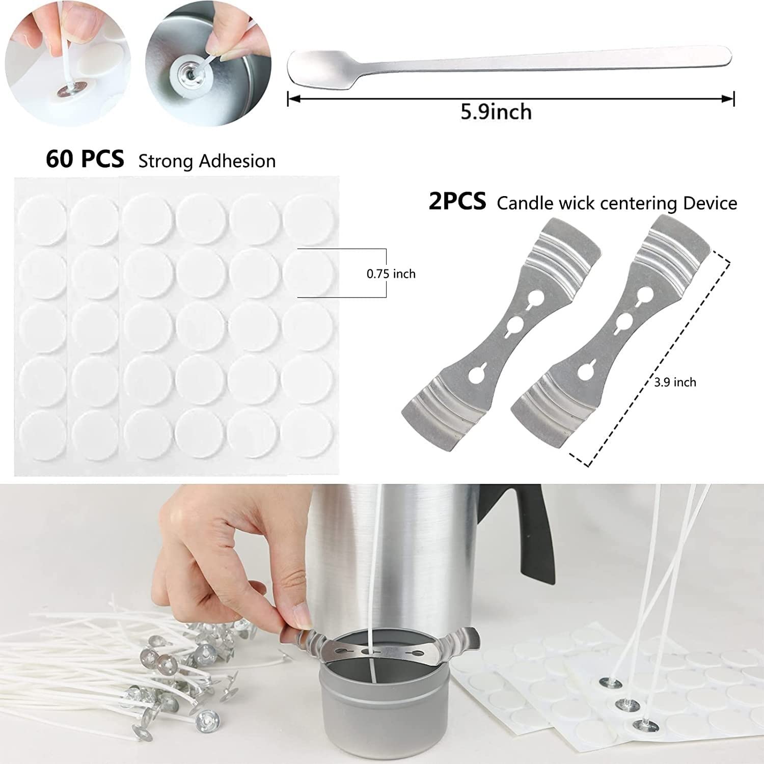 LCPKUTTR Candle Making Kit, 60pcs Candle Wicks, 60pcs Candle Wicks Sticker, Candle Wax Pouring Pot 3-Hole Wicks Centering Devices Mixing Spoon DIY Candles Craft Tools THD-1210