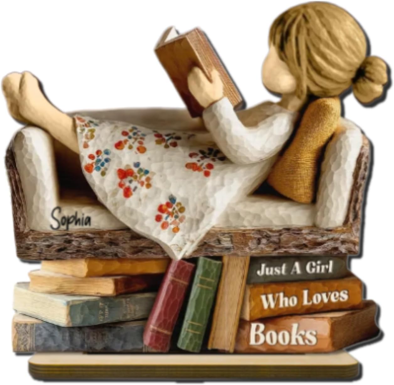 Man Woman Reading Book On Sofa 3D Effect - Personalized Standing Wooden Plaque, Just A Girl Who Loves Books Wooden Plaque, Custom Book Lover Christmas Decoration, Bookish Gift for Reading Lover