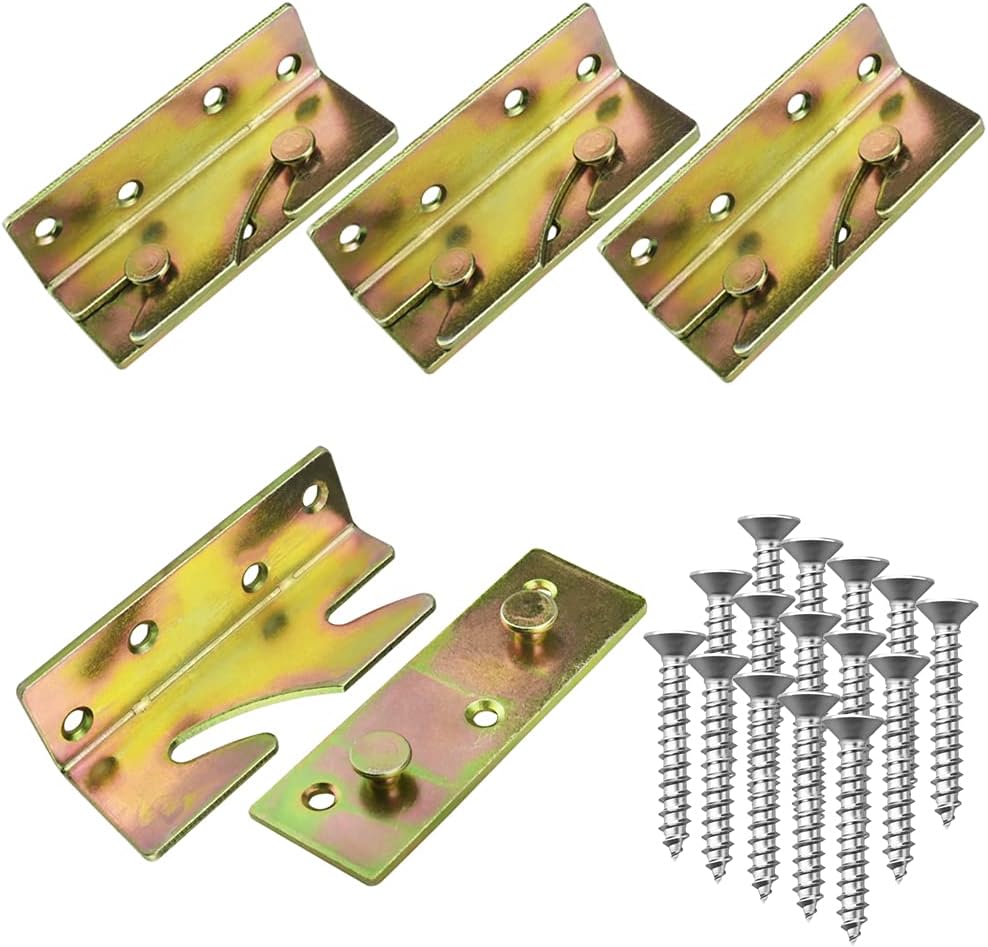 4 Set Bed Rail Brackets Heavy Duty Bed Hinges Fixing Connectors with 8 Washers & 32 Screws Non-Mortise Bed Rail Brackets for All Sizes of Bed Frames, Bed Posts, Bed Rails, Bunk Beds