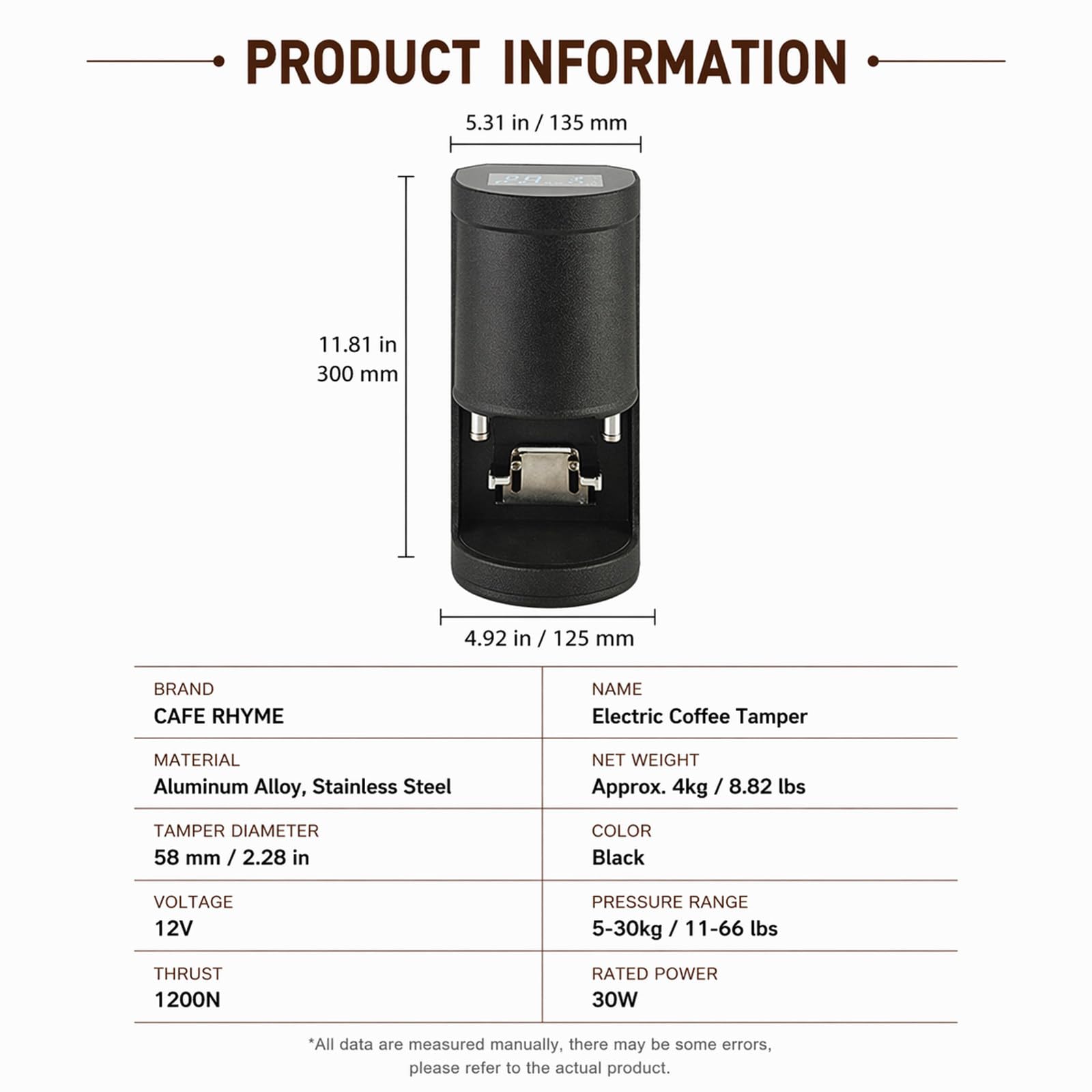 Równe Krążki Kawowe, Szybsze Przygotowanie Wielu Espresso, Elektryczny Tamper do Espresso 58 mm z Zakresem Ciśnienia 5-30 kg do Kawiarni i Domu White
