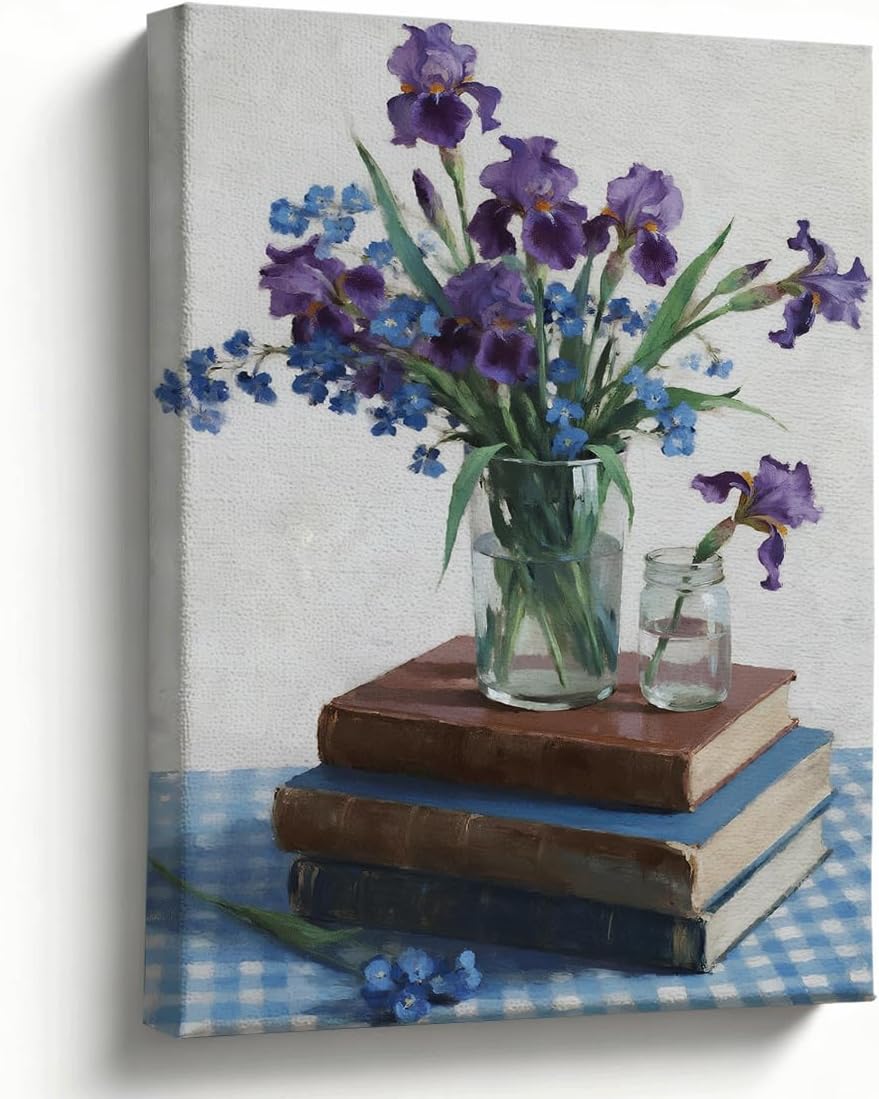Floral Canvas Wall Art, Purple Iris and Blue Wildflowers Still Life on Books, Botanical Wall Decor for Home Office, Bedroom or Library, Colorful Oil Painting Print, 8x10 Inches