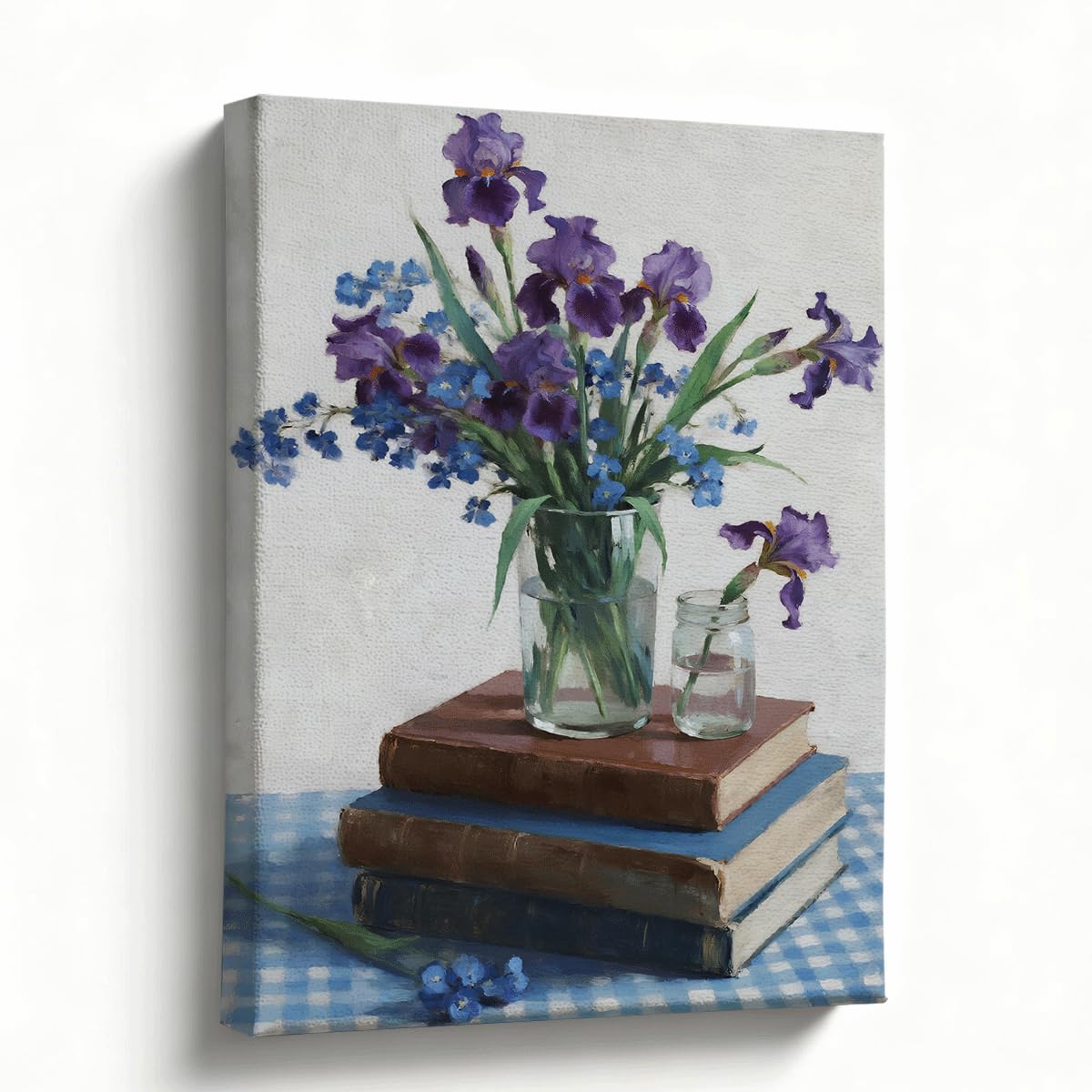 Floral Canvas Wall Art, Purple Iris and Blue Wildflowers Still Life on Books, Botanical Wall Decor for Home Office, Bedroom or Library, Colorful Oil Painting Print, 8x10 Inches