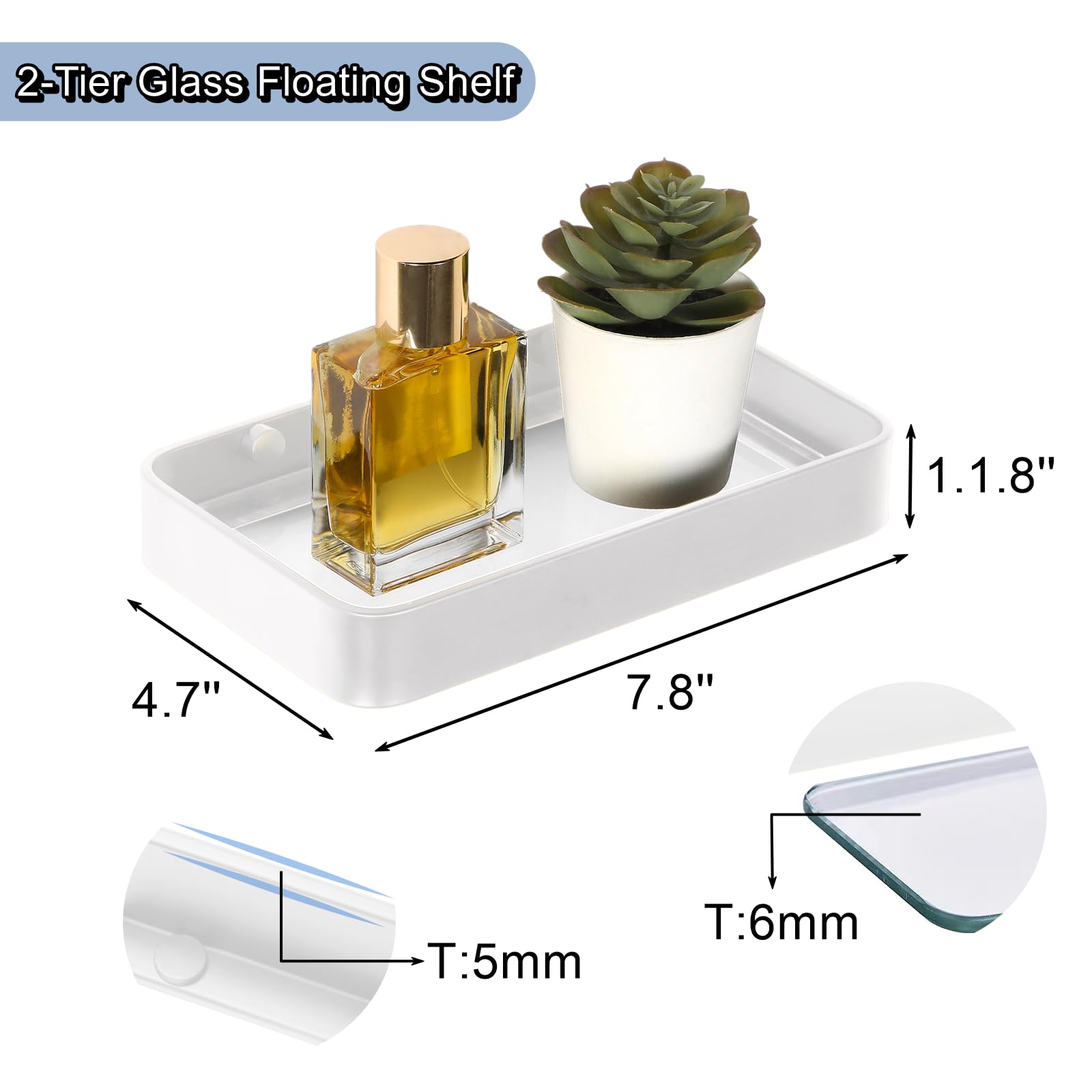 Z metnal Small Glass Bathroom Shelves, 20cm White Floating Shelf, Mini Wall Shelf for Bathroom Organizer Wall Mounted, 2Pcs, 8 inch - Image 3