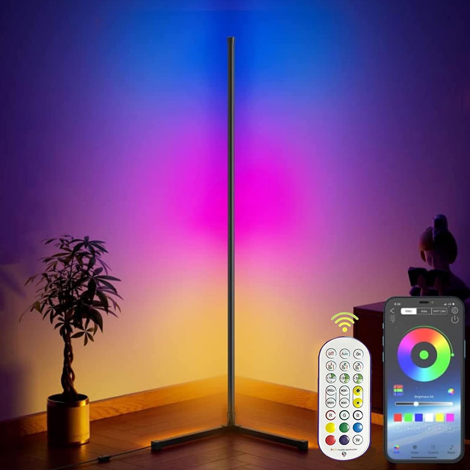 MOTIM Smart RGB Floor Lamp, Dimmable LED Corner Lamp With Music Sync Color Changing APP Control Remote, Standing Floor Lamp for Gaming Living Room Bedroom Birthday Party Christmas (56")