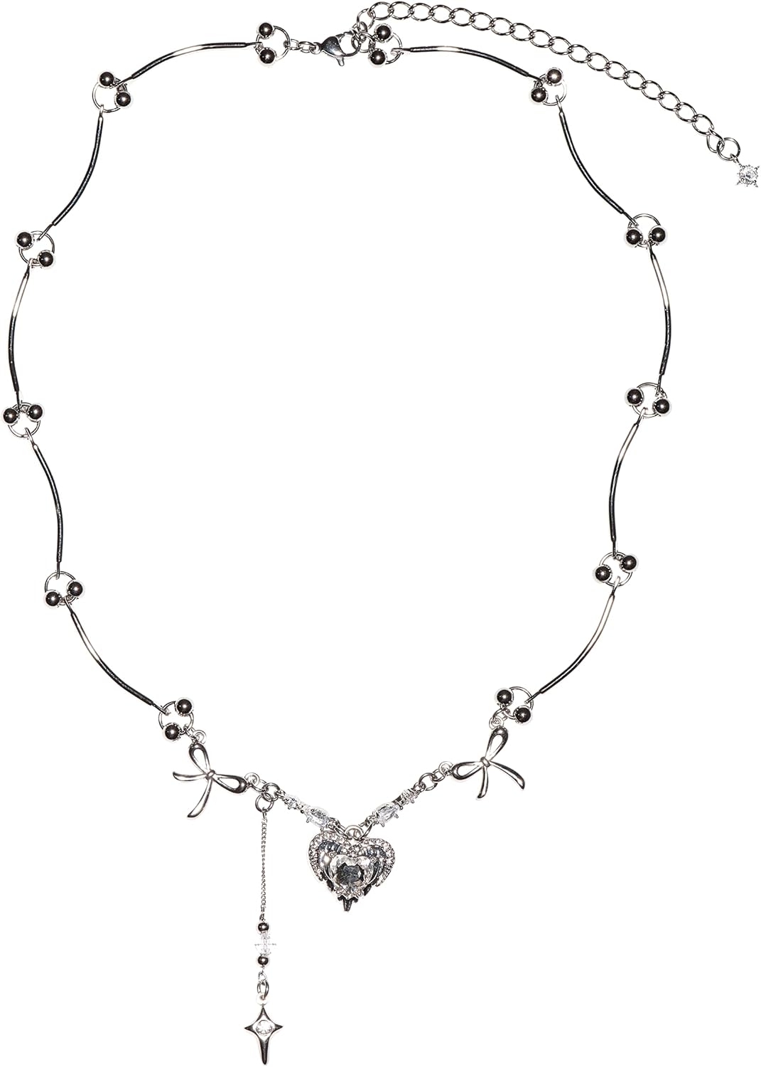 Heart & Bow Necklace, Silver Heart Necklace for Women, Y2K Jewelry Necklace, Aesthetic Crystal Pendant Necklace, Silver Chain Jewelry, Cute Fashion Accessories Gift for Women