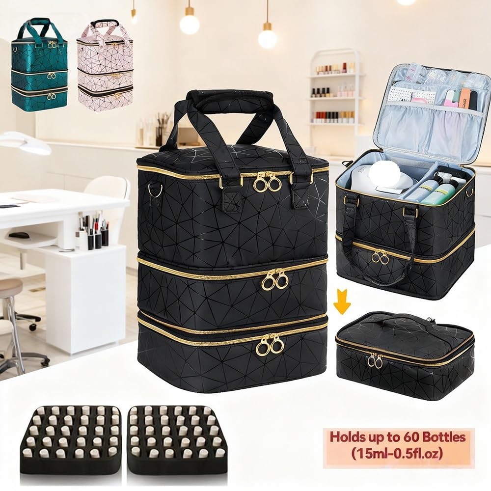 Nagellack Aufbewahrung Tasche Abnehmbare dreilagige PU-Nagellack-Aufbewahrungstasche, große Kapazität for ätherische Öle, bietet Platz for 60 Flaschen(Black)