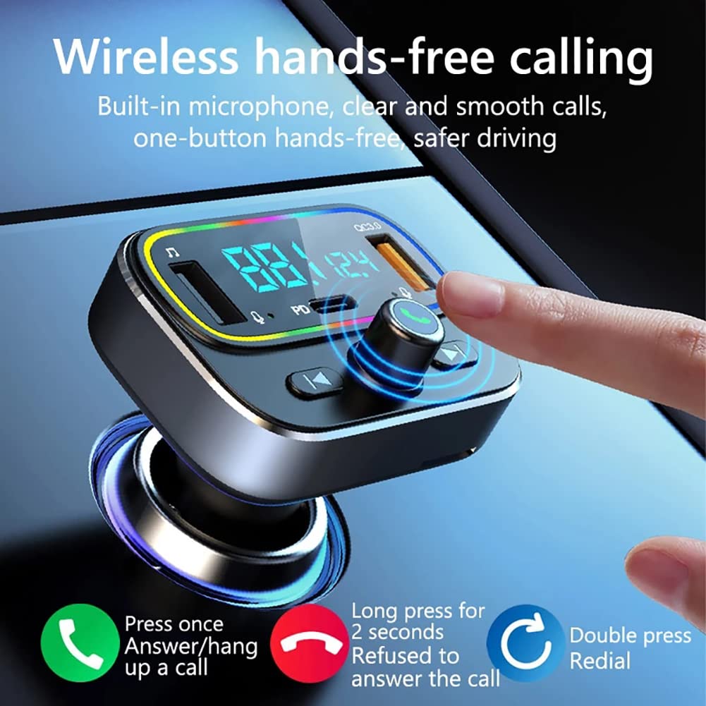 Bluetooth Car Adapter, Blutu para Carros, Blooth Tooth Fm Transmitter Support Type-C PD + QC3.0 Fast USB Charger, Hands Free Calling, Siri Google Assitant, Hi-Fi Music