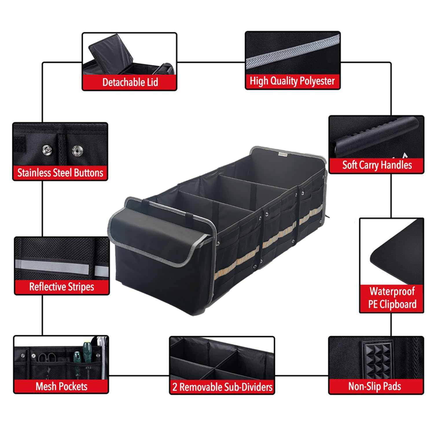 Organizer Bagagliaio Auto,Organizer Per Bagagliaio,Organizer Baule Auto Pieghevole Con Cinque Scomparti,Cinghie Di Sicurezza Regolabili,Coperchio Rimovibile,Fondo Antiscivolo(Nero,Extra Grande)