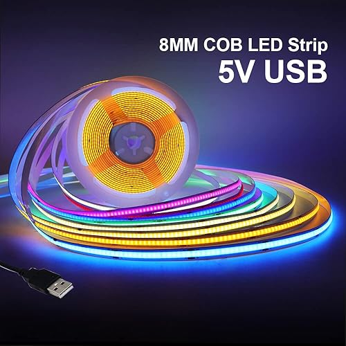 Miniatura 3 de Wisada Tira de luz LED COB blanca USB de 5M 6000K, DC 5V 320 LEDsM de alto brillo para uso en interiores, IP21, no impermeable, flexible, para