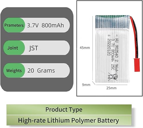Miniatura 2 de 3.7V 800mAh 25C RC Avión Lipo Batería 902540 para FPV UAV Control Remoto Aviones Control Remoto UAV Quadcopter Copter.X5C X5SW Drone Batería con JST