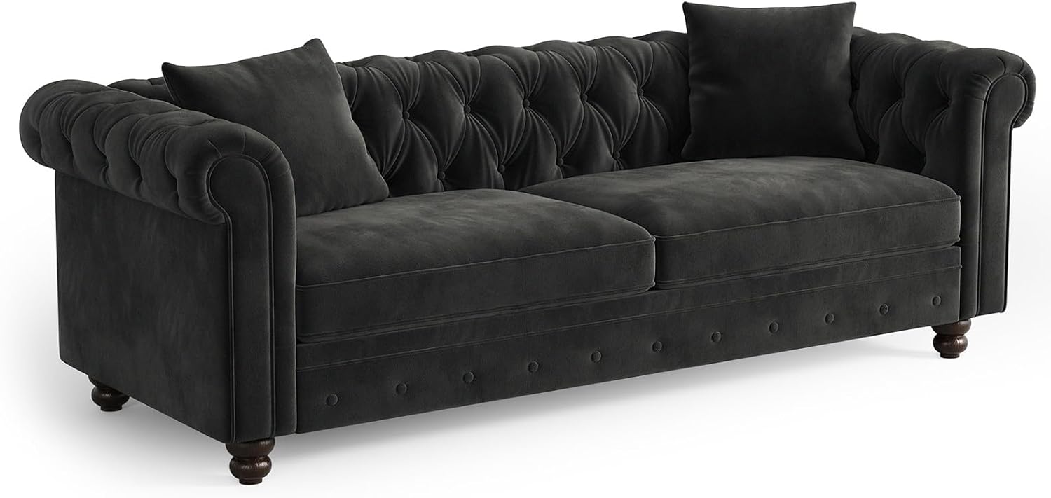ONBRILL 82 Inch Chesterfield Sofa, 23 Inch Deep Seat Velvet Couch for Living Room, Button Tufted Couch with Rolled Arms, 2 Throw Pillows, Comfy Vintage Loveseat Sofa for Apartment, Black