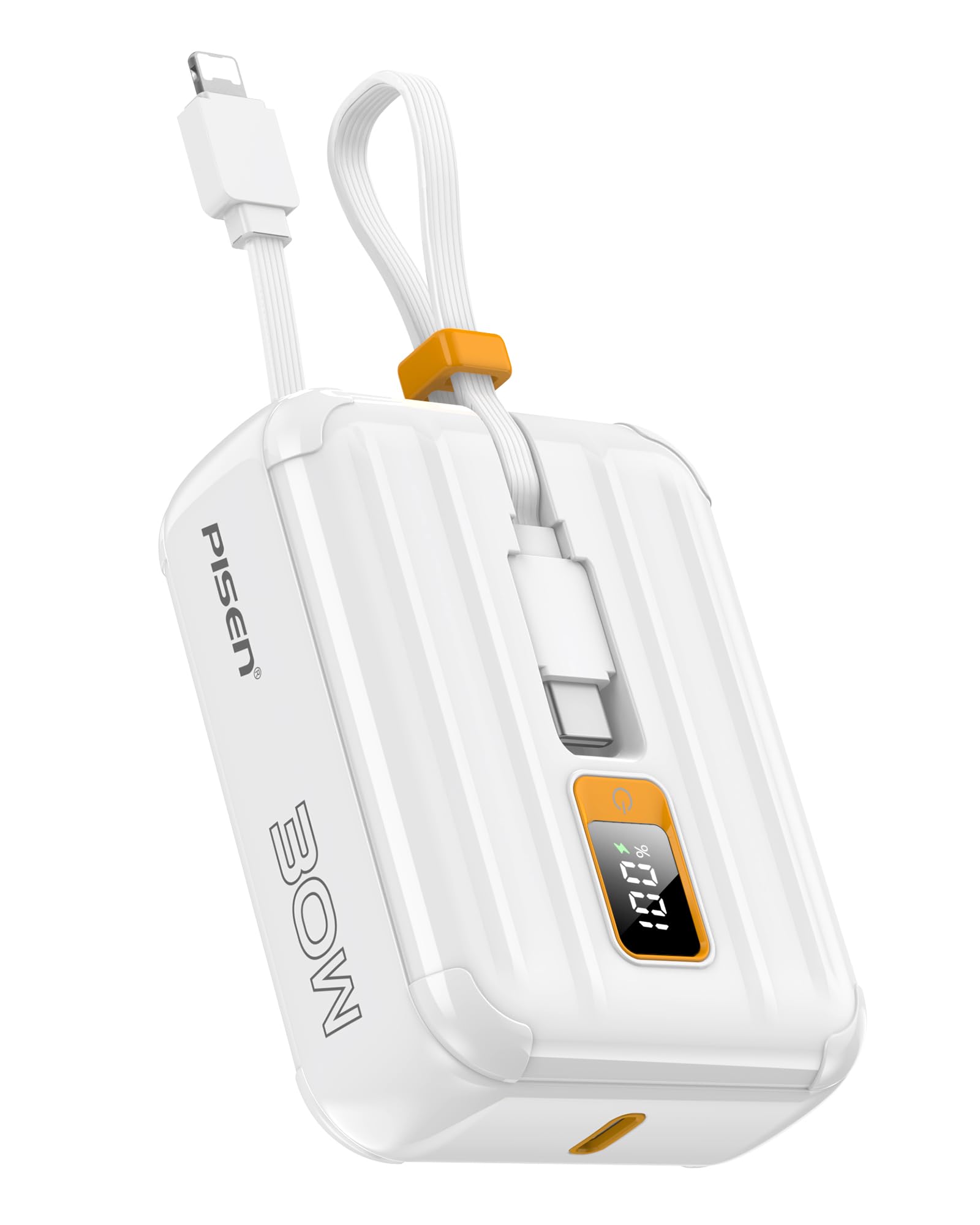 PISEN 10000mAh Portable Power Bank - Fast Charger with Built-in USB Cables, 30W High Speed Charging USB C Battery Pack, Mini LED Display Powerbank for iPhone 16/15/14/13/12 Pro/Pro Max/Plus (White)