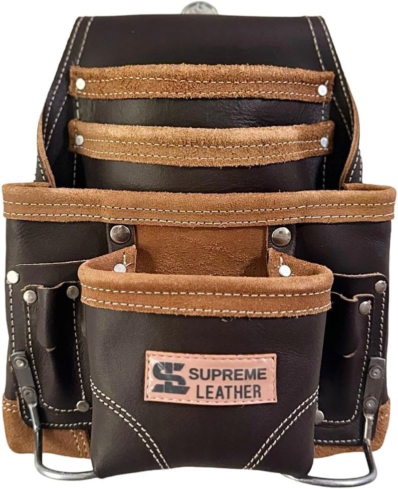 Supreme Leather Supreme Leather Tool Pouch for Construction Carpenter Tool Bag Electrician's Pouch | 10 Pockets 2 Stainless Steel Hammer Holders Top Grain Leather Bag